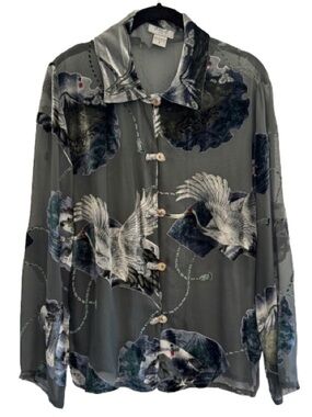 Ania. A Vintage Silk Rayon Button Down Sheer Blouse Asian Art Crane Bird